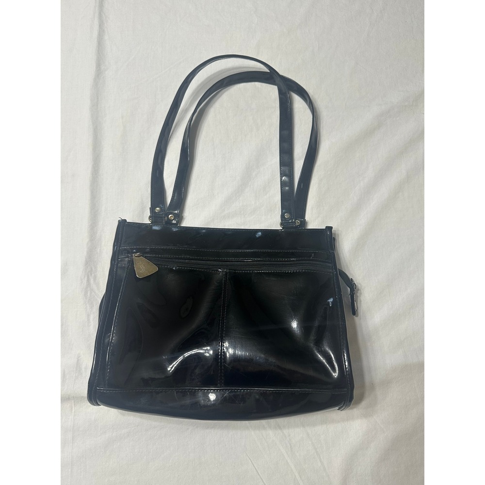 Vintage Julius Resnick JR Black Patent Leather Shoulder Bag Multi Pocket 90s Y2K